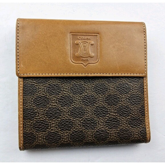 CELINE Macadam PVC Leather Trim Bifold Snap Wallet Brown - Picture 1 of 8